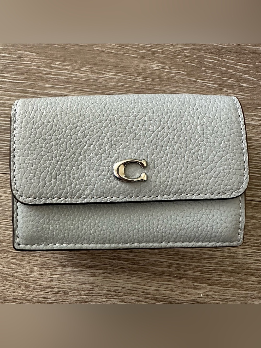 Coach Light Gray Pebbled Leather Medium Flap Wallet Silver C